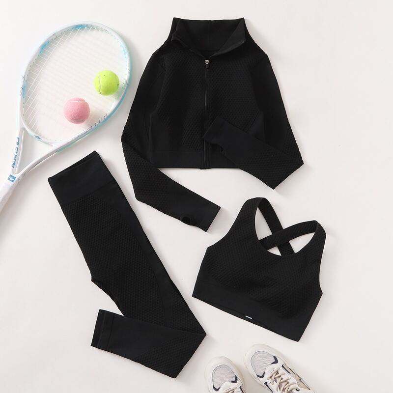 

3pack Thumb Holes Top & Sports Bra & Leggings Set, Black