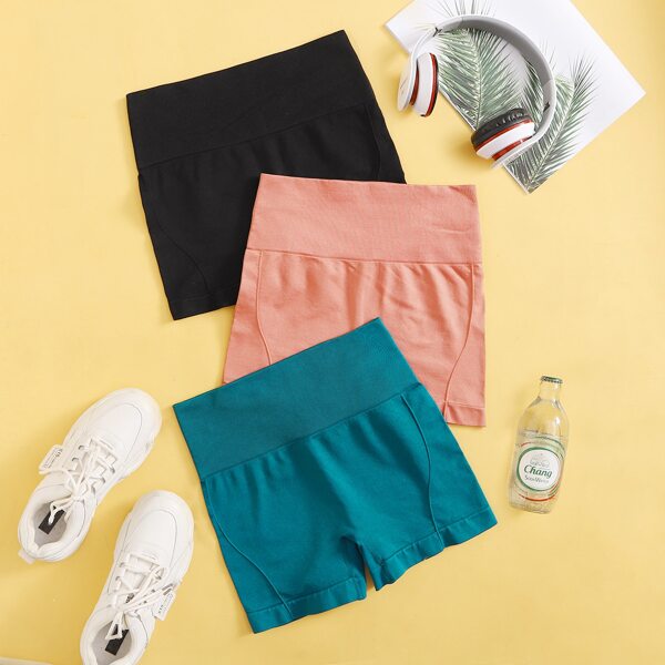 

3pcs High Stretch Wide Band Waist Sports Shorts, Multicolor