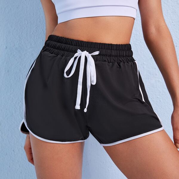 

Contrast Binding Drawstring Waist Sports Shorts, Black