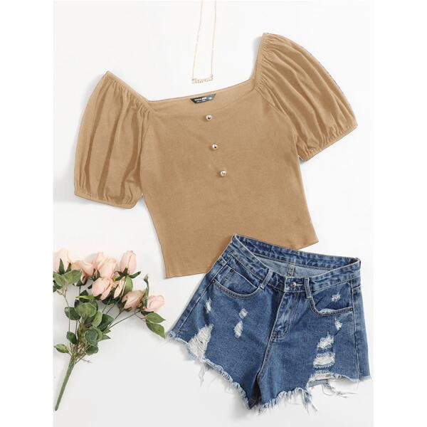

Plus Ribbed Button Front Puff Sleeve Tee, Camel