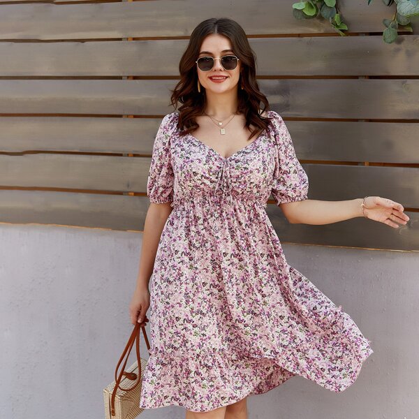 

Plus Ditsy Floral Tie Front A-Line Dress, Multicolor