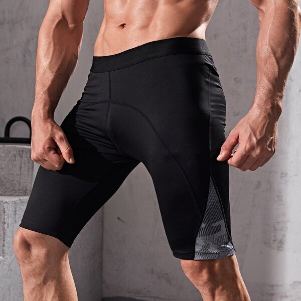 

Men Camo Panel Skinny Sport Shorts, Black