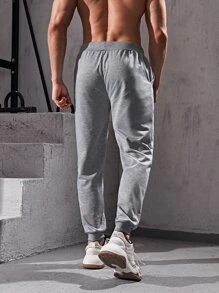 Men Letter Graphic Sport Trousers - Light Grey - View 2