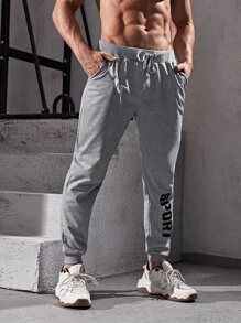 Men Letter Graphic Sport Trousers - Light Grey - View 3