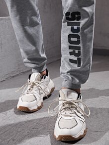 Men Letter Graphic Sport Trousers - Light Grey - View 4