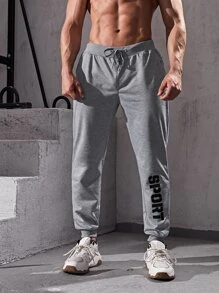Men Letter Graphic Sport Trousers - Light Grey - View 6