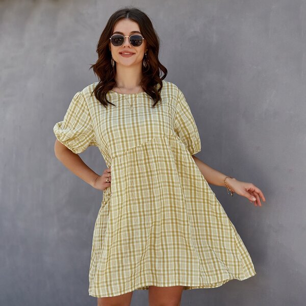 

Plus Plaid Smock Dress, Yellow