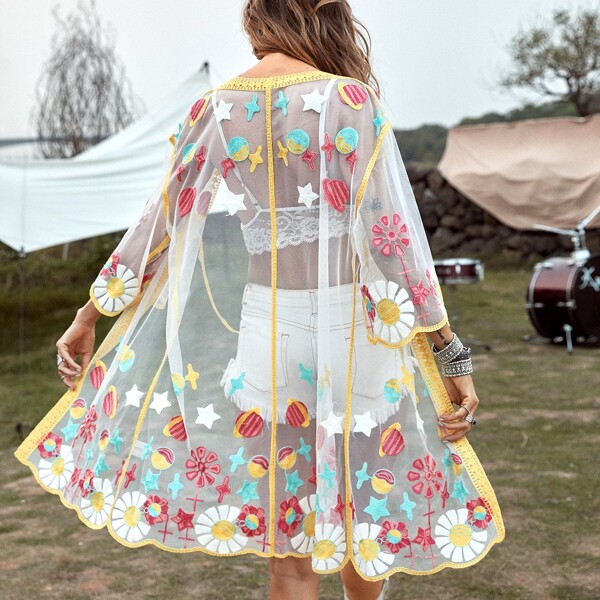 

Floral Embroidery Sheer Mesh Kimono, Multicolor