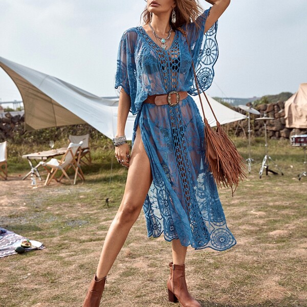 

Slit Hem Sheer Embroidery Mesh Cover Up, Blue