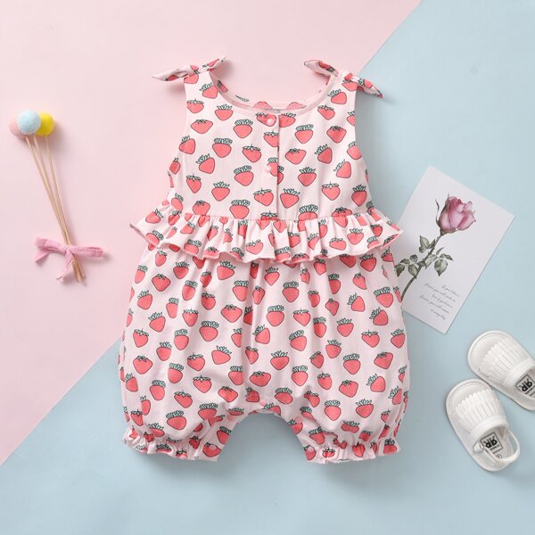 

Baby Girl All Over Strawberry Print Ruffle Trim Tank Romper, Multicolor
