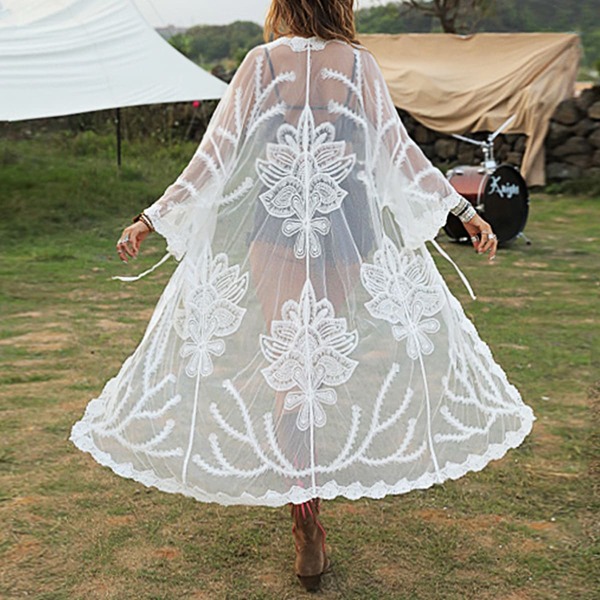 

Tie Front Sheer Embroidery Mesh Kimono, White