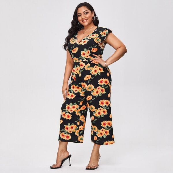 

Plus Ruffle Cuff Allover Floral Jumpsuit, Multicolor
