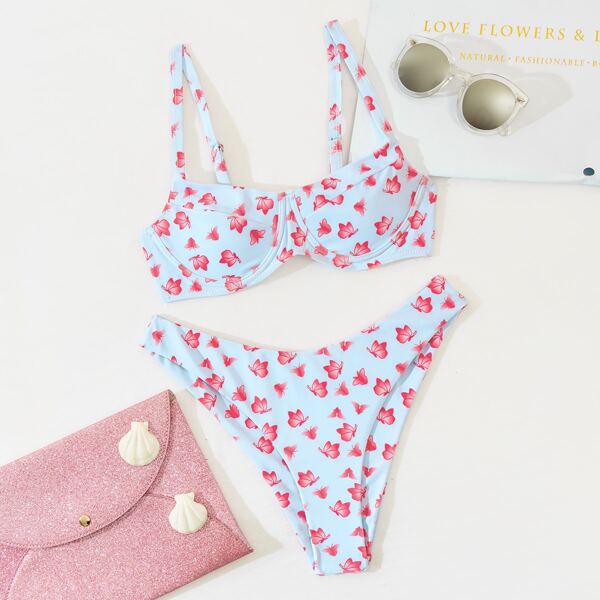 

Butterfly Pattern Underwire Bikini Swimsuit, Multicolor