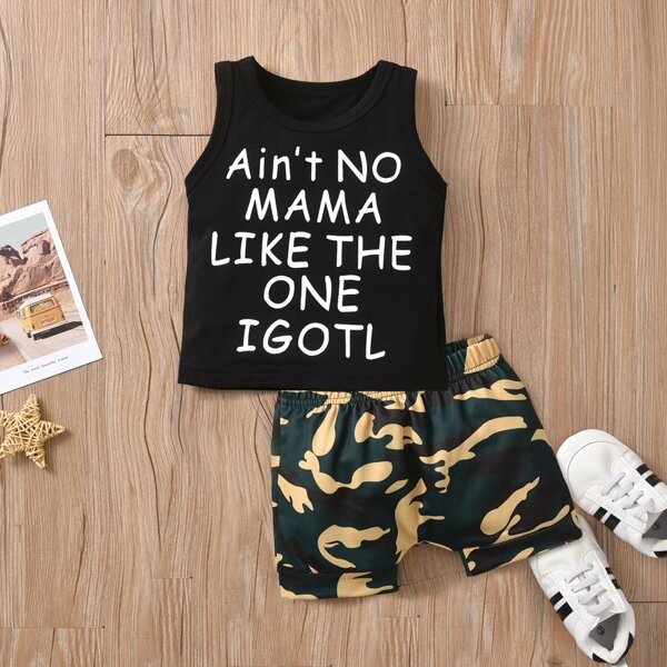 

Baby Boy Slogan Graphic Tank Top With Camo Print Shorts, Multicolor
