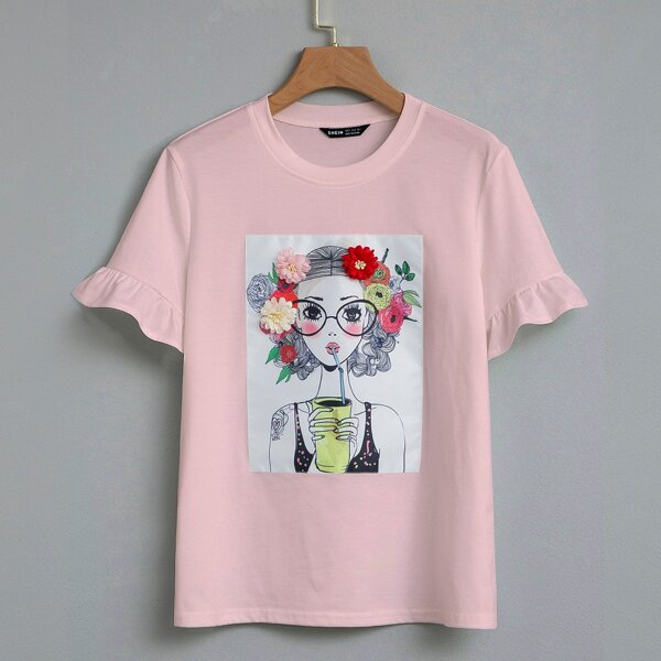 

Cartoon Figure And Floral Print Tee, Baby pink