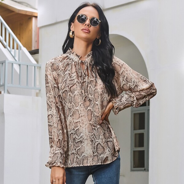 

Frill Tie Neck Snakeskin Print Top, Multicolor