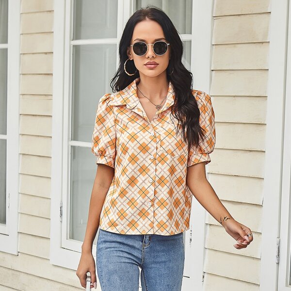 

Plaid Puff Sleeve Button Up Blouse, Orange