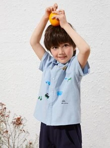 SHEIN 小男童卡通圖案單排扣襯衫