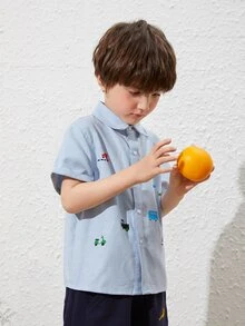 SHEIN 小男童卡通圖案單排扣襯衫