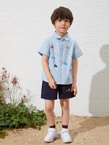 SHEIN 小男童卡通圖案單排扣襯衫
