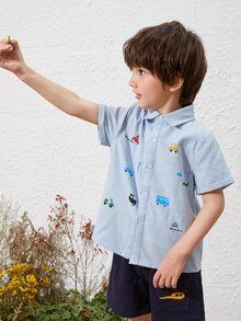 SHEIN 小男童卡通圖案單排扣襯衫