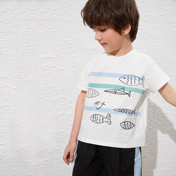 

Toddler Boys Raglan Sleeve Fish & Striped Print Tee, White