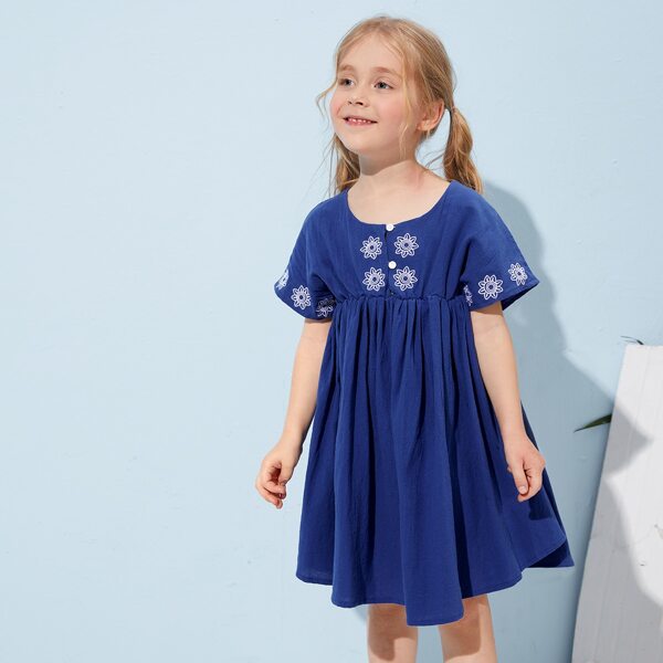 

Toddler Girls Button Front Floral Embroidered Dress, Blue