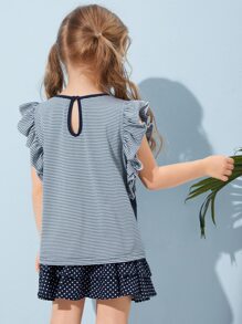 SHEIN 小女童荷葉邊袖口字母圖案條紋T恤 - 藍白色 - 查看 2