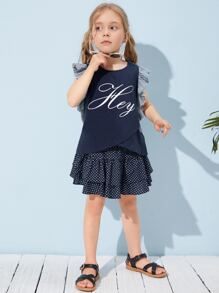 SHEIN 小女童荷葉邊袖口字母圖案條紋T恤 - 藍白色 - 查看 3