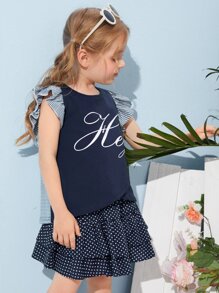 SHEIN 小女童荷葉邊袖口字母圖案條紋T恤 - 藍白色 - 查看 5