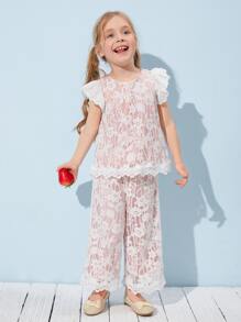 SHEIN Toddler Girls Lace Overlay Pants - Multicolor - View 3