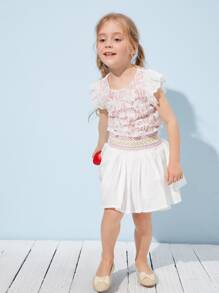 SHEIN Toddler Girls Embroidery Shirred Paperbag Waist Flare Skirt