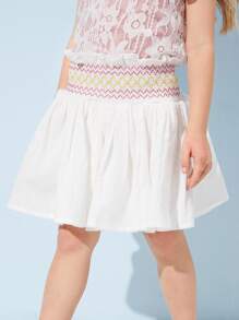 SHEIN Toddler Girls Embroidery Shirred Paperbag Waist Flare Skirt