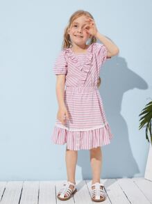 SHEIN Toddler Girls Eyelet Embroidered Ruffle Hem Striped Skirt