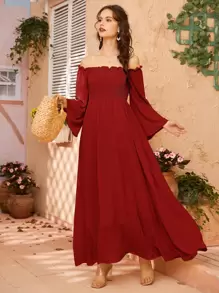 Mulvari Off Shoulder Shirred Bell Sleeve Dress - Burgundy - View 1