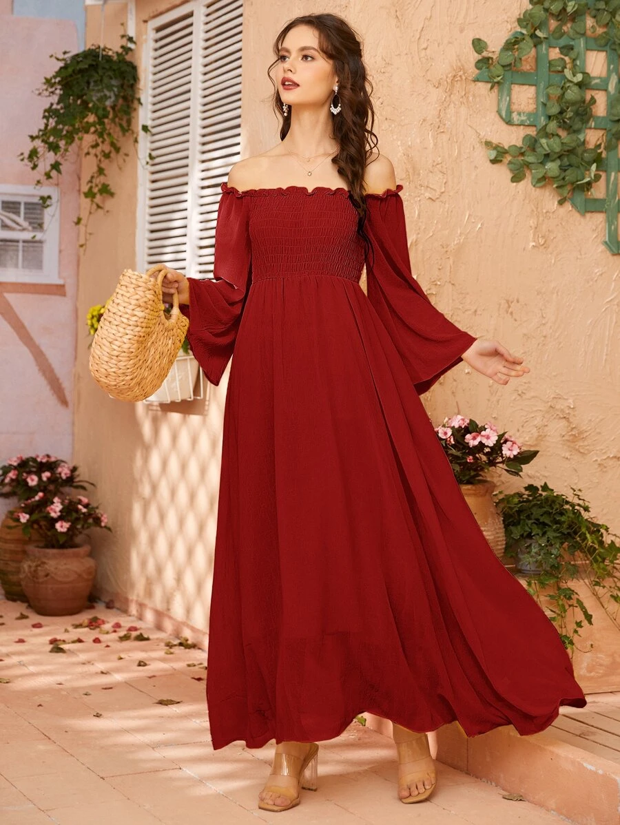 Mulvari Off Shoulder Shirred Bell Sleeve Dress - Burgundy - View 1