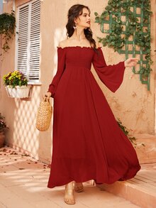Mulvari Off Shoulder Shirred Bell Sleeve Dress - Burgundy - View 4