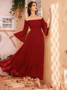 Mulvari Off Shoulder Shirred Bell Sleeve Dress - Burgundy - View 5