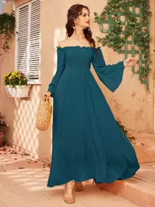 Mulvari Off Shoulder Shirred Bell Sleeve Dress - Teal Blue - View 1