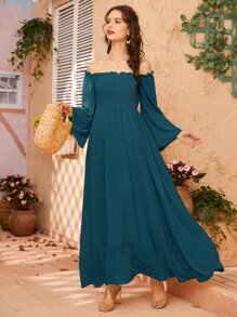 Mulvari Off Shoulder Shirred Bell Sleeve Dress - Teal Blue - View 3