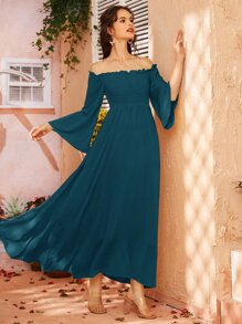Mulvari Off Shoulder Shirred Bell Sleeve Dress - Teal Blue - View 5