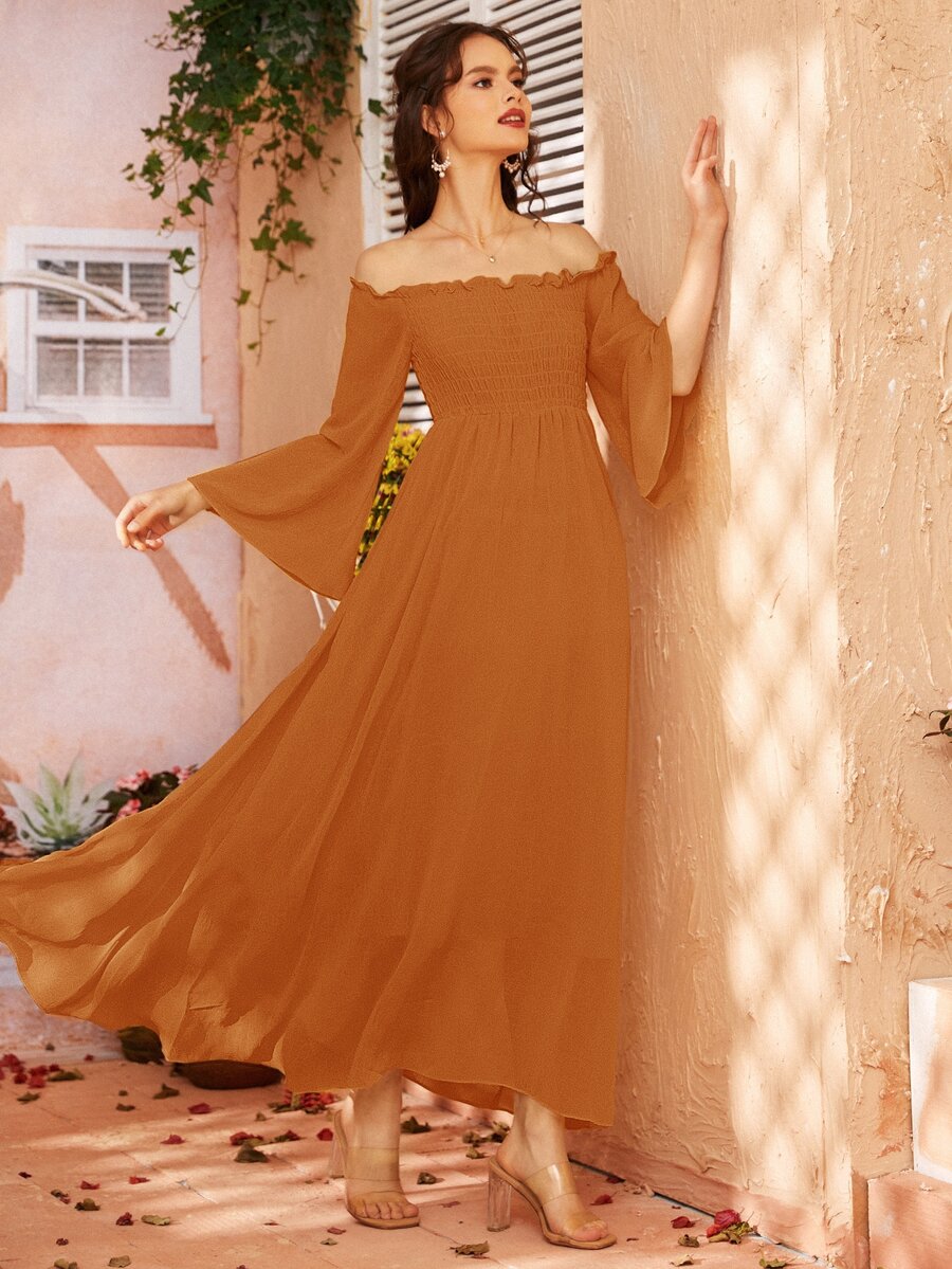 Vestido de manga campanuda fruncido de hombros descubiertos - Naranja - Ver 1