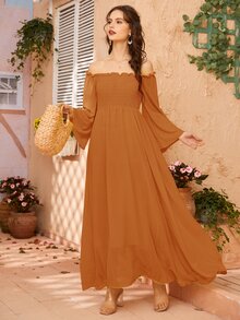 Vestido de manga campanuda fruncido de hombros descubiertos - Naranja - Ver 4