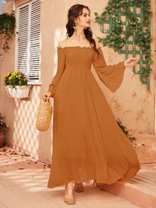Vestido de manga campanuda fruncido de hombros descubiertos - Naranja - Ver 5
