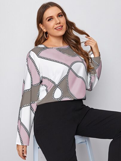 بلوزة بطباعة سلاسل بألوان متجانس مقاس كبير