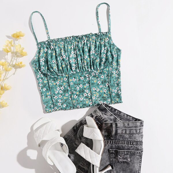 

Ditsy Floral Lettuce Trim Ruched Bust Cami Top, Multicolor