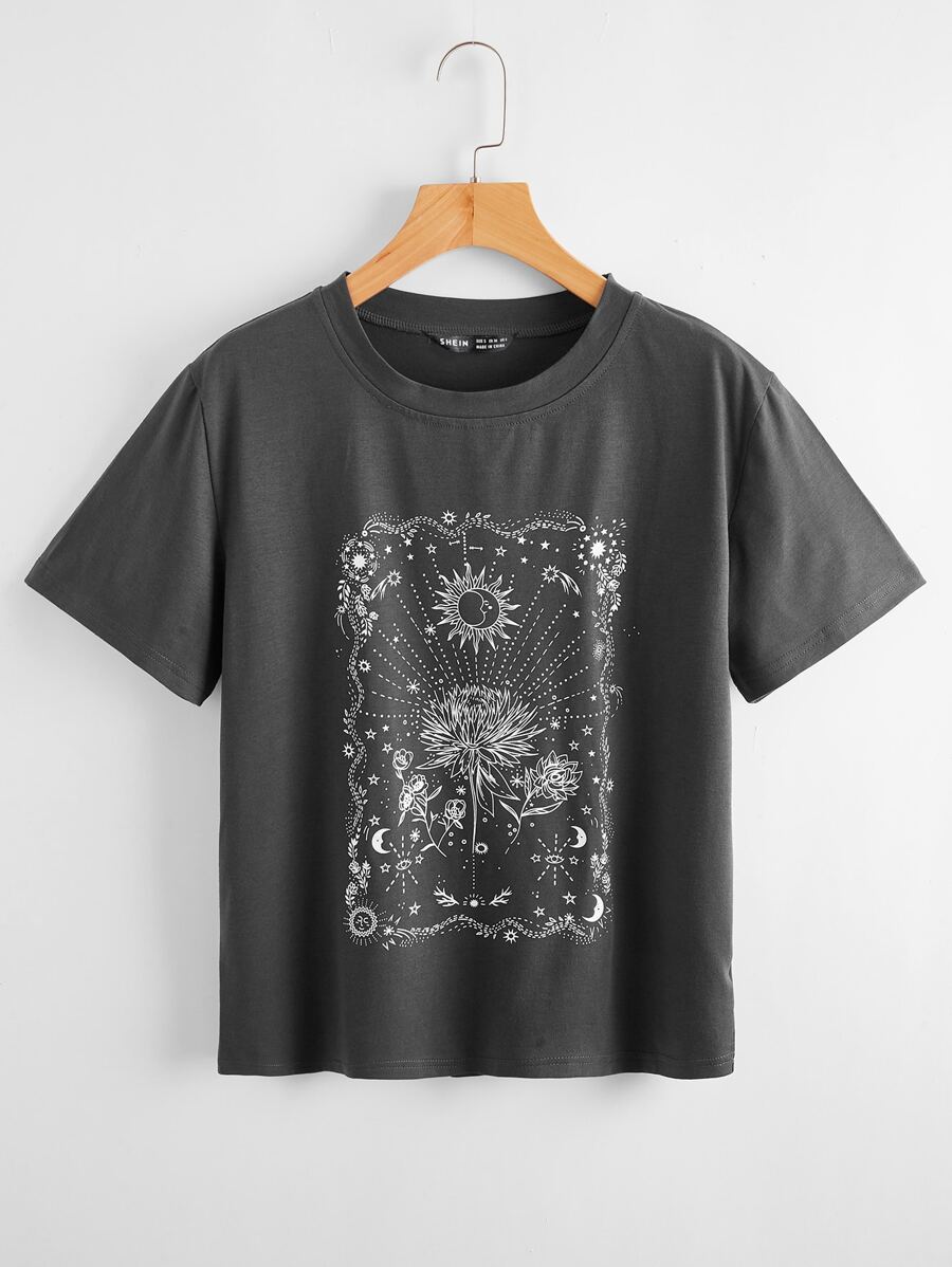 Camiseta con estampado floral con sol - Gris Oscuro - Ver 1