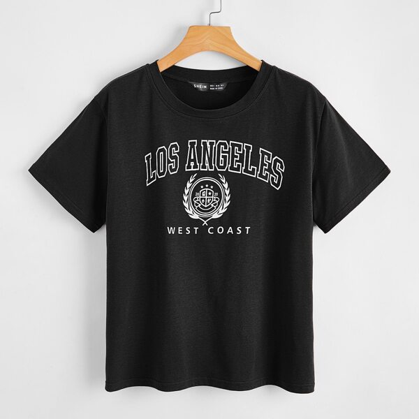 

Plus Round Neck Letter & Graphic Print Tee, Black