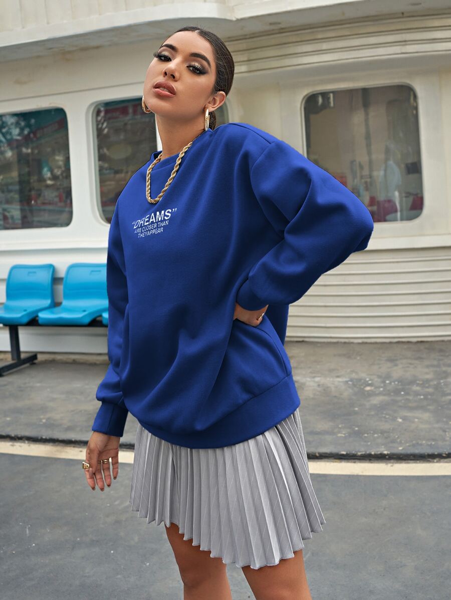 SHEIN Unity 落肩字母圖案超大號套頭衫 - 藍色 - 查看 1