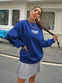 SHEIN Unity 落肩字母圖案超大號套頭衫 - 藍色 - 查看 5